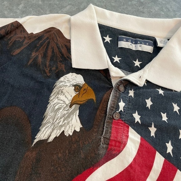 Vintage American Eagle USA Flag All Over Print Polo Shirt Mens XXL Royale Air - Picture 2 of 8